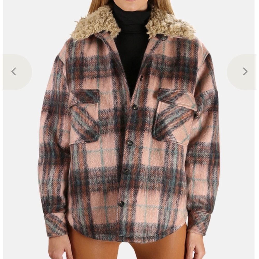 Smythe Pink Plaid Wool Mohair Shacket Faux Shearling Collar Jacket XS TP